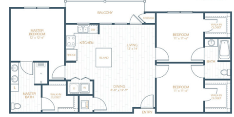 Floor plan for 3 beds, 2 baths, 1265 sqft